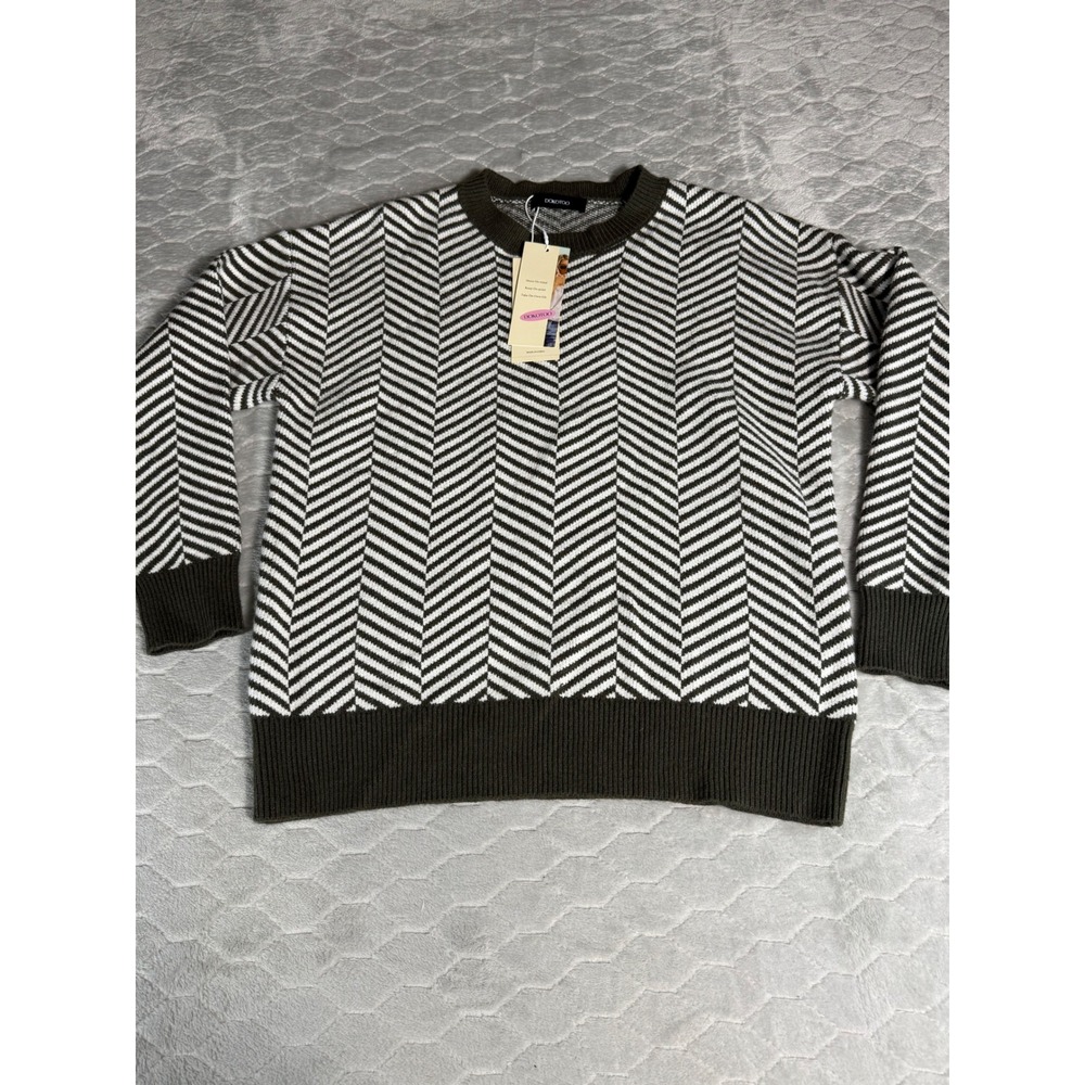 Dokotoo Womens Sweater Small Olive Green White Chevron Zigzag Knit Pullover NWT